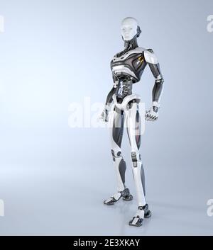 Android Robot posant sur un fond gris clair. 3D illustration Banque D'Images