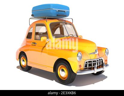 Retro cartoon voiture avec laggage en haut isolé sur blanc. 3D illustration Banque D'Images