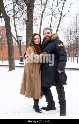 Séance photo du Grand-duc George Mikhaïlovich de Russie, (Georgi Mikhaïlovich Romanov) héritier du trône de Russie pose avec la fiancée Rebecca Virginia Bettarini lors de leur engagement à Moscou, le 11 janvier 2021, Russie.Mlle Rebecca Virginia Bettarini converti en orthodoxe religieuse, le 12 juillet, 2020 à la cathédrale Saint-Pierre-et-Paul à Saint-Pétersbourg. Mlle Rebecca Virginia Bettarini a pris le nom de Victoria Romanovna. L'annonce de l'engagement est le 21 janvier 2021. Photo via Dimitri Revenko/ DNphotographie/ABACAPRESS.COM Banque D'Images