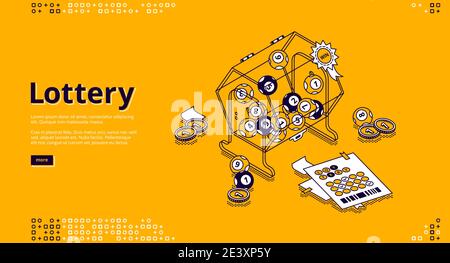 Bannière de loterie. Jeu, gagner dans le concept de jeux de bingo. Page d'arrivée vectorielle de jeux de chance avec illustration isométrique de la machine à lotto, balles avec numéros, billets et argent Illustration de Vecteur