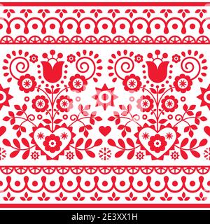 Art folklorique polonais vector sans couture textile ou carte de voeux motif avec tulipes rouges, autres fleurs, coeurs et feuilles - Lachy Sadeckie Illustration de Vecteur