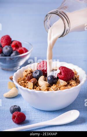 sur table bleu lavande, petit-déjeuner avec lait frais, dans un bol de mélange de fruits secs, de grains entiers, de gingembre confit, de bleuets et de framboises Banque D'Images
