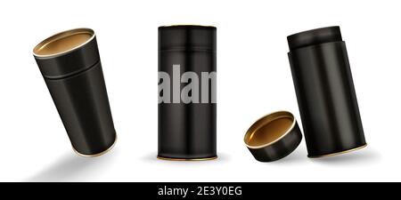 Boîtes de tube Kraft maquette, cylindres en carton fermé et ouvert de couleur noire mouchetée, conteneurs vierges pour le marquage en papier artisanal isolé sur fond blanc, ensemble de maquettes 3D réalistes Illustration de Vecteur
