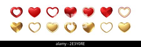 Grand jour de la Saint-Valentin ensemble de différents coeurs rouges, dorés réalistes, isolés sur fond blanc. Joyeux Saint Valentin éléments pour l'affiche de design, carte postale Illustration de Vecteur