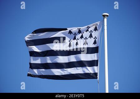 Drapeau breton 'Gwenn ha du' avec neuf bandes horizontales noires et blanches et onze hermines, flottant au sommet d'un mât blanc contre le ciel bleu Banque D'Images