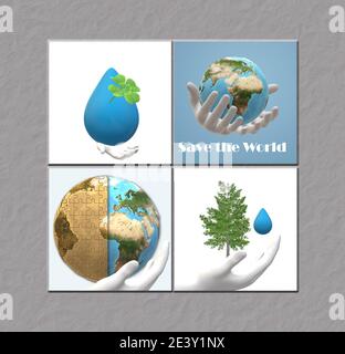Sauver le monde, icônes de planète. Planète du globe goutte de l'eau dans les mains humaines. Illustration 3D Banque D'Images