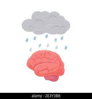 Nuage de métaphore avec gouttes de pluie et organe du cerveau humain isolé sur fond blanc. Concept de stress, d'inquiétude, de troubles et de santé mentale. Symbole des symptômes de psychologie. Illustration vectorielle Illustration de Vecteur