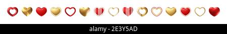 Grand jour de la Saint-Valentin ensemble de différents coeurs rouges, dorés réalistes, isolés sur fond blanc. Joyeux Saint Valentin éléments pour l'affiche de design, carte postale Illustration de Vecteur