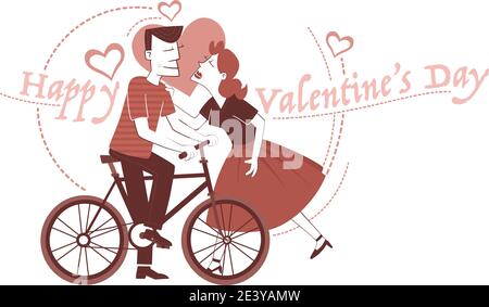 Carte de Saint-Valentin de style rétro avec une fille embrassant son petit ami, qui est à vélo. Illustration de Vecteur