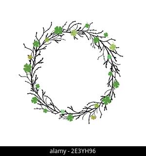 Guirlande de trèfle avec couronne de branches noires et brindilles sur fond blanc. Carte de vœux Saint-Patrick avec couronne shamrock. Irlandais. Illustration vectorielle Illustration de Vecteur