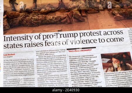 « l'intensité des manifestations pro-Trump dans les différents États soulève des craintes de violence Pour venir' Guardian titre article de journal à l'intérieur de la page sur 14 Janvier 2021 Banque D'Images