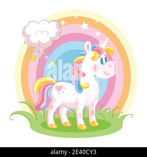 Adorable licorne arc-en-ciel sur l'herbe. Illustration vectorielle isolée sur fond blanc. Anniversaire, concept de fête. Pour autocollant, broderie, de Illustration de Vecteur