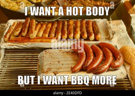 Viande eater corps chaud drôle de souvenir pour le partage de médias sociaux. Blague barbecue. Banque D'Images