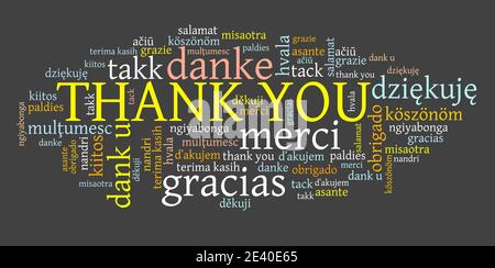 Merci graphiques de message. International merci de signer dans de nombreuses langues, dont l'anglais, le français, l'allemand, le néerlandais et le polonais. Banque D'Images