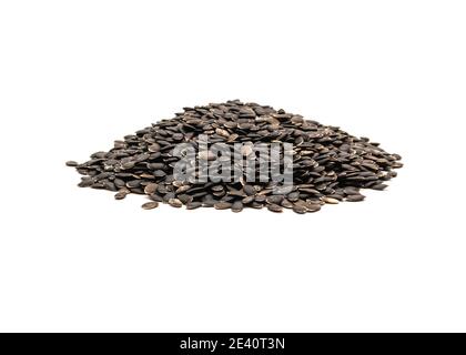 Pile de graines de luffa isolées sur fond blanc. Graines végétales bio non traitées Luffa aegyptiaca et Luffa acutangula prêtes pour la plantation Banque D'Images