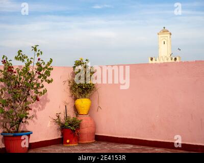 Pots colorés sur la terrasse sur le toit d'une maison dans Maroc Banque D'Images