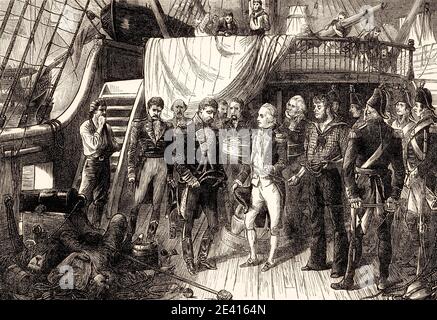 L'amiral Horatio Nelson reçoit l'épée de l'amiral espagnol, Battle of Cape St. Vincent, 1797, des batailles britanniques sur terre et mer, par James Grant Banque D'Images