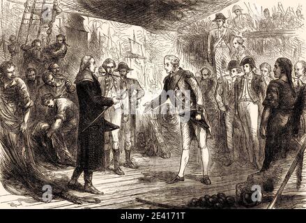 L'amiral de Winter, commandant de la flotte hollandaise, capitule d'Adam Duncan le 11 octobre 1797, des batailles britanniques sur terre et mer, par James Grant Banque D'Images