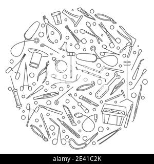 Conception graphique linéaire fine des instruments médicaux. Gynécologie, otorhinolaryngologie, dentisterie, chirurgie, thérapie et autre. Illustration vectorielle Illustration de Vecteur