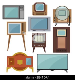 Histoire de la télévision. Évolution. Jeu d'icônes vectorielles de conception de couleur plate. Illustration Illustration de Vecteur