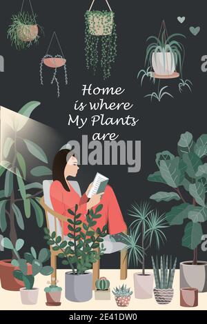 Une jeune femme lit un livre sur une chaise dans une chambre pleine de plantes en pot. La maison est où mes plantes sont du texte. Illustration vectorielle de style plat dans l'obscurité Illustration de Vecteur