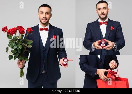 collage de l'homme hispanique en costume élégant tenant des roses rouges et boîte à bijoux, et mettant le cadeau dans le sac de shopping isolé sur gris Banque D'Images