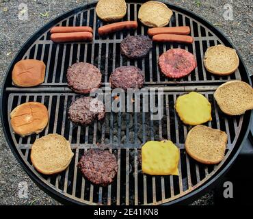 petits pains à hamburger de hot dog de viande sur barbecue avec feu l'été jour Banque D'Images