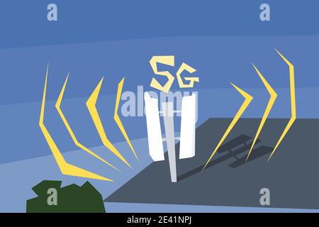 5G réseau de télécommunications et antenne mobile sur le toit d'un immeuble d'appartements. Illustration originale de style dessin animé. Illustration de Vecteur