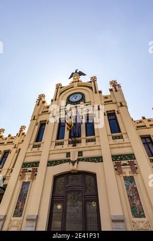 Vue partielle de la façade de la gare du Nord à Valence, Espagne, Europe Banque D'Images