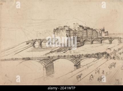 James McNeill Whistler, 1834–1903, américain, actif en Grande-Bretagne (à partir de 1859), ÃŽle de la Cité, Paris, 1859. Gravure et point sec, imprimé à partir d'une plaque annulée sur papier fin, légèrement texturé, crème. Bateaux , ponts (ouvrages construits) , bâtiments , charrettes , cathédrale , cheminées , église , paysage urbain , chevaux (animaux) , hommes , piliers , main courante , rue , tours , arbres , fenêtres , femmes. Europe , France , notre-Dame de Paris , Paris , ÃŽle de la Cité Banque D'Images