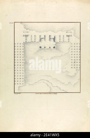 Giovanni Battista Borra, 1713-1770, Italien, Plan du Temple d'Artémis à Éphèse, ca. 1750. Lavage gris à l'encre noire sur graphite sur papier beige modérément épais, modérément texturé. Vue aérienne , grec ancien , sujet architectural , matériel cartographique , romain , échelle (règle) , plan du site , temple. Ege kiyilari , Ephèse , Izmir ILI , Temple d'Artémis , Turquie Banque D'Images