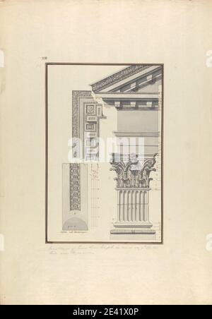 Giovanni Battista Borra, 1713â€"1770, Italien, Détails d'un Temple Corinthien sur l'Acropole de Pergame, ca. 1750. Encre noire et brune avec gris laver sur graphite sur papier beige modérément épais, modérément texturé. acropolis , sujet architectural , capitale (composante de colonne) , colonnes , Corinthien (style architectural) , entablature , frises , fronton , temple. Asie , Ege kiyilari , Izmir SG , Pergamon , Turquie Banque D'Images