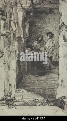 Imprimé par James McNeill Whistler, 1834–1903, américain, actif en Grande-Bretagne (à partir de 1859), The Rag cueilleurs, 1858. Gravure sur papier blanc bleuté moyen, modérément texturé. Lit , seau , chapeau , enfant , placards , porte , genre sujet , maison , veste , paysans , pots , pauvreté , rafters , draps , étagères , table , pantalon , femme Banque D'Images