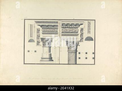 Giovanni Battista Borra, 1713–1770, italien, deux piliers corinthiens trouvés près du temple ionique d'Aphrodisias (aujourd'hui Geyve), ca. 1750. Encre noire avec gris laver sur graphite sur papier beige modérément épais, modérément texturé. Sujet architectural , capitales , colonnes , Corinthiens , entablatures , frises , Ionic , moulages , Roman , ruines , temple. Aphrodisias , Asie , Marmara , Sakarya , Turquie Banque D'Images