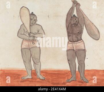 Gangaram Chintaman Tambat, actif 1790, anglo-indien, deux Jeyties haltérophilie, non daté. Aquarelle, gouache blanc et graphite sur papier moyen, légèrement texturé et crème. Banque D'Images