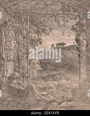 Imprimé par Samuel Palmer, 1805â€"1881, Britannique, actif en Italie (1837â€"39), le Berger de sommeil, 1857. Gravure et point sec sur du papier de vache épais, lisse et crème avec du coll. De chine crème , barge , oiseaux , livre , bétail , tissu , vaches , agriculture , champs , genre sujet , chapeau , foin , travail , échelle , paysage , feuilles , lumière , boeufs , charrue , mouton , abri , berger , dormir , personnel , paille , arbres , trellis , vigne Banque D'Images