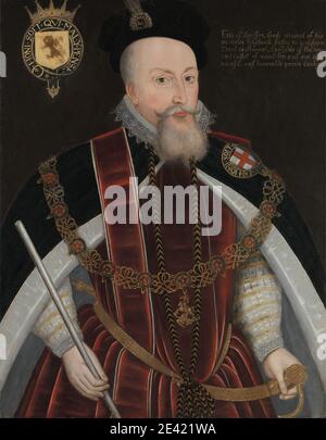 Artiste inconnu, XVIe siècle, Robert Dudley, premier comte de Leicester (1532/3â€“1588), ca. 1595. Huile sur panneau. Armoiries , costume , crête , dragon , comte , homme , pendentif (bijoux) , portrait , personnel (bâton de marche) , épée , Tudor , richesse. Dudley, Robert, comte de Leicester (1532/3-1588), courtier et magnat Banque D'Images