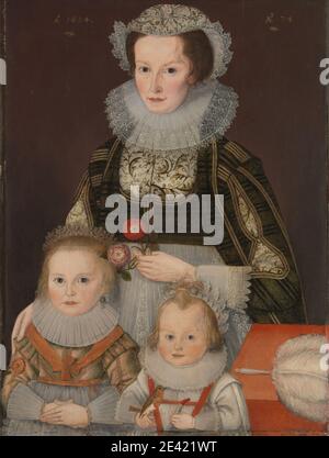 Artiste inconnu, XVIIe siècle, UNE Dame et ses deux enfants, 1624. Arrière-plan , oiseau , noir , enfants , cols , corail , costume , couronne , boucles d'oreilles , Robin européen , famille , plumes , fleurs (plantes) , or , headaddress , Jacobean , dentelle , orange , rose (couleur) , portrait , rouge , jouets (Objets récréatifs) , Tudor , blanc (couleur) , femme Banque D'Images