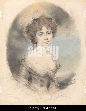 John Downman, 1750â€"1824, Britannique, Portrait d'une Dame, face à face, non daté. Craie noire, rouge, jaune et bleue sur graphite sur papier de véve moyen, légèrement texturé, crème. Arc (accessoire de costume) , costume , fichu , étude de figure , dame , collier , noblesse , ovale , perles , portrait , femme Banque D'Images