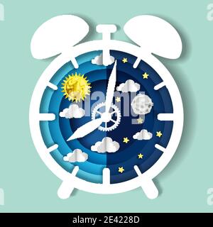 Horloge de style artisanal coupée en papier avec ciel de jour et de nuit sur cadran, illustration vectorielle. Cycle de veille. Rythme circadien. Illustration de Vecteur