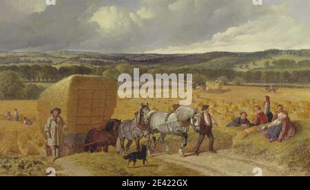 John Frederick Herring, 1795–1865, British, Harvest, 1857. Huile sur toile. Charriot , champ , récolte , foin , colline , chevaux (animaux) , travail , paysage , soins infirmiers , pastoral , paysans , charrue , wagon Banque D'Images