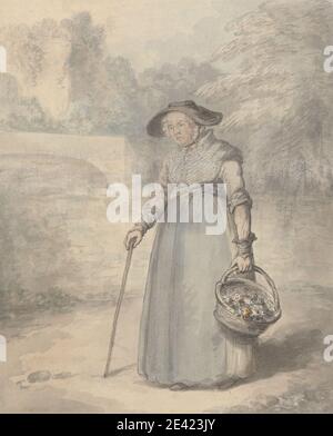 Edward Edwards, 1738â€“1806, British, Old Lady avec panier de fleurs, env. 1760. Aquarelle, lavage gris, stylo, encre grise, et graphite sur papier vélin moyen, légèrement texturé, crème. Panier , canne , fleurs (plantes) , dame , vieux , portrait Banque D'Images