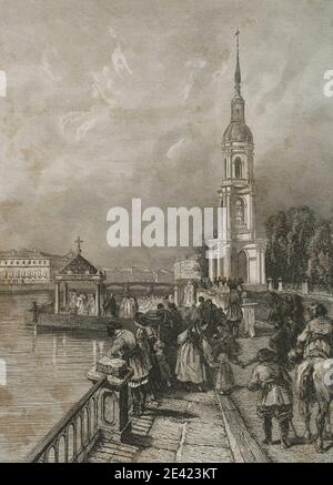 Russie, Saint-Pétersbourg. Clocher de la cathédrale navale de Saint-Nicolas (1753-1762). Il a été conçu par l'architecte Savva Chevakinsky dans le style baroque élisabéthain. Gravure par Lemaitre et Lalaisse. Histoire de la Russie par Jean Marie Chopin (1796-1870). Panorama Universal, édition espagnole, 1839. Banque D'Images