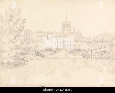 Henry Edridge, 1769â€"1821, British, St. Alban's Abbey, 1801. Graphite sur papier vélin moyen, légèrement texturé, crème. abbaye , sujet architectural , pont (travaux de construction) , pont (travaux de construction) , cathédrale , paysage , arbres , wagon. Angleterre , Europe , Hertfordshire , Saint Albans , la Cathédrale et l'abbaye de St Alban , Royaume-Uni Banque D'Images