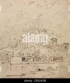 Joseph Farington, 1747–1821, British, Château avec une tour ronde au-dessus d'une rivière, non daté. Plume et encre brune sur papier de couleur crème, légèrement texturé. Sujet architectural, château , rivière , tour ronde , arbres Banque D'Images