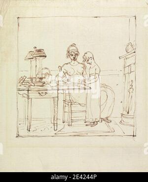 Benjamin West, 1738–1820, américain, actif en Grande-Bretagne (à partir de 1763), femme et fille à un bureau d'écriture, non daté. Stylo et encre brune sur papier blanc bleuté, légèrement texturé. chaise , tiroir (élément de mobilier) , robes , cheminée , genre sujet , fille , lampes , éclairage , portrait , table , femme , écriture (processus) Banque D'Images