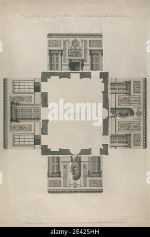 Robert Adam, 1728–1792, British, Headfort House, Irlande : élévations du Front Hall, entre 1771 et 1775. Stylo à encre noire et gris laver sur graphite sur modérément épais, modérément texturé, papier crème posé sur toile. Sujet architectural , caryatides , pièces de cheminée , portes , élévation (dessin) , cheminée , frises , Grâces (Charites), généralement trois en nombre; 'Gratie' (Ripa) , grotesques , hall , néoclassique , niches , échelle (règle) , urnes , fenêtres. Headfort House , Irlande , Kells , Leinster , Meath Banque D'Images