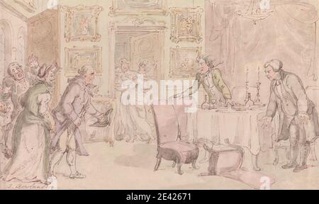 Thomas Rowlandson, 1756â€"1827, Britannique, le Vicaire de Wakefield: La surprise, ca. 1817. Aquarelle, stylo et encre rouge-marron; verso: Graphite sur papier vélin blanc, doux et bleui. Bonnets (chapeaux) , bougies , chandeliers , chaises , rideau , salle à manger , porte , genre sujet , chapeaux , hommes , peintures , table (meubles de soutien) , vicaire , fenêtres , femmes. Angleterre , Europe , Royaume-Uni , Wakefield , Yorkshire Banque D'Images