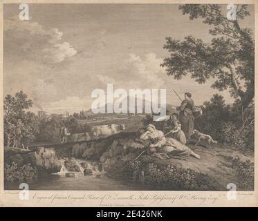 François Vivares, 1709â€"1780, Français, UN groupe de paysans, un endormi, sur une rive de la rivière, 1753. Gravure sur du papier légèrement épais, modérément texturé, beige, ponté. Banque D'Images