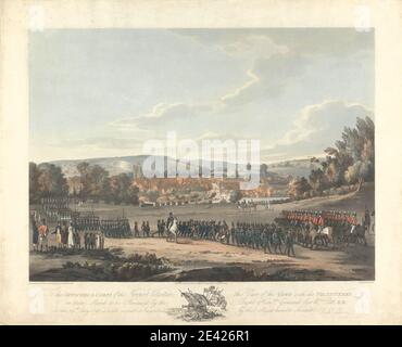 J. Wellis, actif 1799, aux officiers et corps des volontaires de Newport ce point de vue de la ville avec les volontaires sur leur marche à être examiné par le général de droit Honoré Sir Wm. Pitt, K.B., le 29 juillet 1798, est inscrit avec respect, 1799. Bleu aquatint de couleur sur papier légèrement épais, légèrement texturé, crème, vélin. Banque D'Images